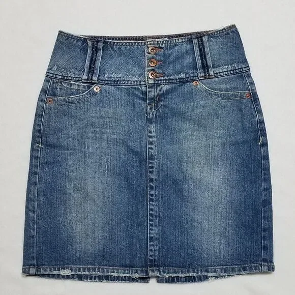 VINTAGE Y2K Bongo Distressed High Rise Stretchy Denim Mini Skirt Wide Belt Loops - Picture 4 of 12
